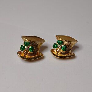 Set Of 2 Gold Tone And Green Shamrock Top Hat Pins